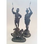 Two spelter figures of warriors and spelter figure of Diana the huntress.