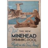 An original, framed advertisement poster, “Visit the New Minehead Swimming Pool Right on the Sea