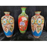 A pair of cloisonné vases together with a green cloisonné vase.