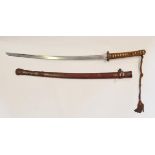 A WW2 samurai Japanese Army officers Shin Gunton katana sword with brown leather scabbard signed and