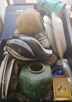 A box of mixed items to include two Chinese ginger jars vases and plates.
