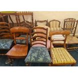 Oak drop leaf table together with a quantity of dining and bedroom chairs.