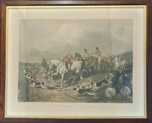 Framed fox hunting print, titled ‘The Find’, painted by J. F. Herring Snr, engraved by J.