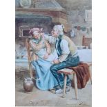FERINI, one watercolour depicting a couple in a living space with the man blowing smoke while the