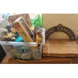 A collection of toys two brass King Edward signs Action man and the Mystery machine.