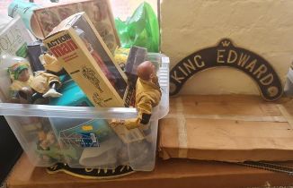 A collection of toys two brass King Edward signs Action man and the Mystery machine.