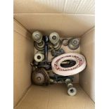 A box containing mixed items to include, brass candlesticks, brassware, porclain frames, canteen