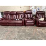 A Burgundy electric recliner sofa with chair and a manual chair