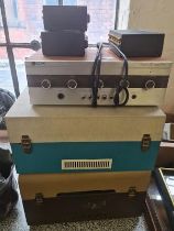 Two portable record players, Leak Delta 30 amplifier, and three Qed tape switching units.