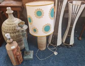 Three studio porcelain lamp bases, one shade, one Grecian column candlestick holder and two modern