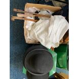 A box containing a quantity of a vintage clothing to include wedding dress, hats, top.