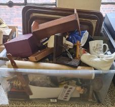 A box of mixed items to include three oak trays book ends figures and boats.