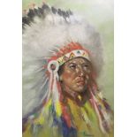 Pastel and pencil on paper portrait of a Red Indian, indistinctly signed and framed. Approx. 40cm