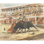 DOMINGUEZ, a watercolour painting depicting a matador’s fight with a bull in an arena (1952), signed