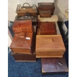 A collection of wooden boxes tea caddy and sewing box.