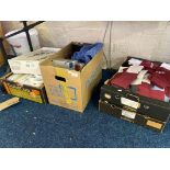 Two boxes of computer games and consoles, and two boxes of various football kit to include Aston