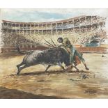 DOMINGUEZ, a watercolour painting depicting a matador’s fight with a bull in an arena (1952), signed