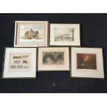 Five prints on papers by various artists of railway related items, all framed, signed, largest