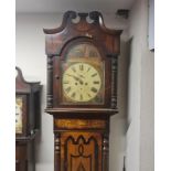 A hand painted-faced long-cased clock with family scene to face and phoenix and horse inlay border