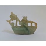 A carved Chinese green jade basket with bird and blossom missing handle. 7 1/2 cm.