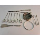 A collection of hallmarked silverware, to include six Mappin & Webb teaspoons, sugar tongs, a