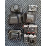 Seven various cameras and lenses Chinon, Zenit, Praktica, and Halina.