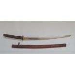 A WW2 samurai Japanese Amy officers Shin Gunton Katana sword with brown leather scabbard.