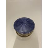 A purple guilloche enamel lidded white metal trinket pot.