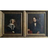 Two oil on board Victorian gentleman and lady sitting on a red chair. 24cm-29cm.