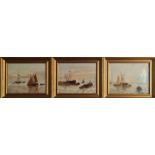 Three Edward Henry Eugene Fletcher 1857-1945 oil on canvas boats in harbour. 22cm-17cm.