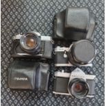 Two Pentax cameras and three Fujica cameras.