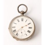 A open face key wind pocket watch, the white enamel dial having Roman numeral markers and subsidiary