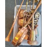 A large collection of brass and copper ware to include warming pan, horns, small lamp post, lamp etc