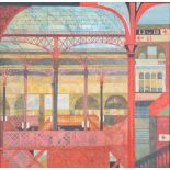 Elizabeth Coombe acrylic on board Railway station signed with initials EKC. 54 cm 53 cm.