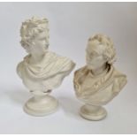 A Parian ware bust of Columbus 27 1/2 cm together with a terracotta bust of Apollo painted white. 33