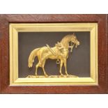 A 19th century gilded bronze horse, oak framed and glazed frame size 39 cm 29 1/2 cm.