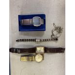 A collection of various gents wrist watches and a ladies wrist watch, along with a gem stone pendant