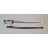 A WW2 Japanese Russo sword with brass D-guard and metal scabbard.