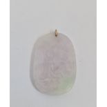 A carved Chinese white jade pendant with a flash of green wise man with character marks to front and