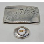 A card case, engraved with scrolling ribbon design, stamped Sterling, together with a pill box