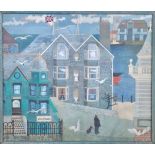 Elizabeth Coombe acrylic on board coastal village unsigned. 52 cm 44 cm.