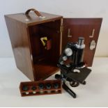 A W.Watson & Sons London service II microscope with lenses in travel box.