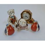 Four Royal Crown Derby figures teddy bear 2 Robins bulldog and 1 Royal crown Derby clock Imari 1128.