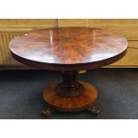 A 19th century mahogany round tilt top dining table with carved single column base.