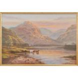 Wendy Reeves pastel on paper loch scene with cattle. 35 cm 23 1/2 cm.