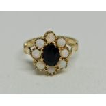 A hallmarked 14ct yellow gold sapphire and opal cluster ring, ring size M½. approx. weight 3gms