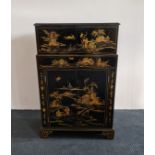 A mid 20th century Chinese style black and gold lacquer cocktail cabinet with fitted interior.