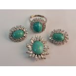 A turquoise and diamond cluster style set of jewellery, comprising of a ring, approx. total