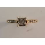 A hallmarked 9ct yellow gold diamond square design ring of four small diamonds with accents to