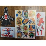 A sheet of comic book stickers - various characters and three Spiderman stickers.